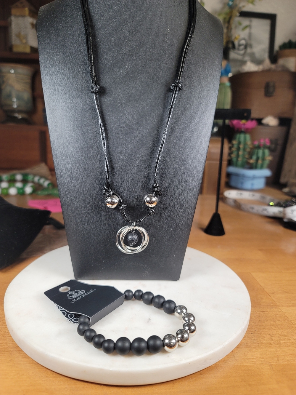 paparazzi Black and Silver Layered Pendant Necklace with Beaded Bracelet Set